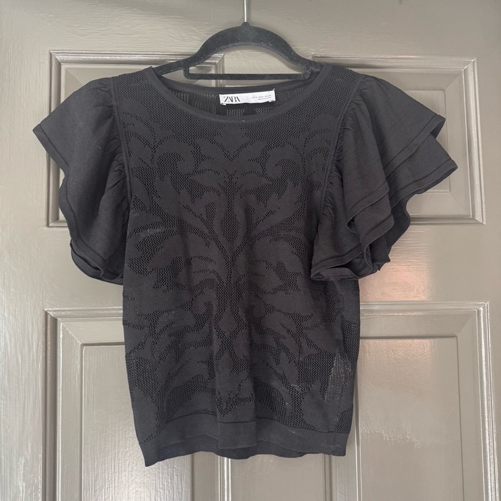 Zara Black Patterned Short Sleeve Blouse